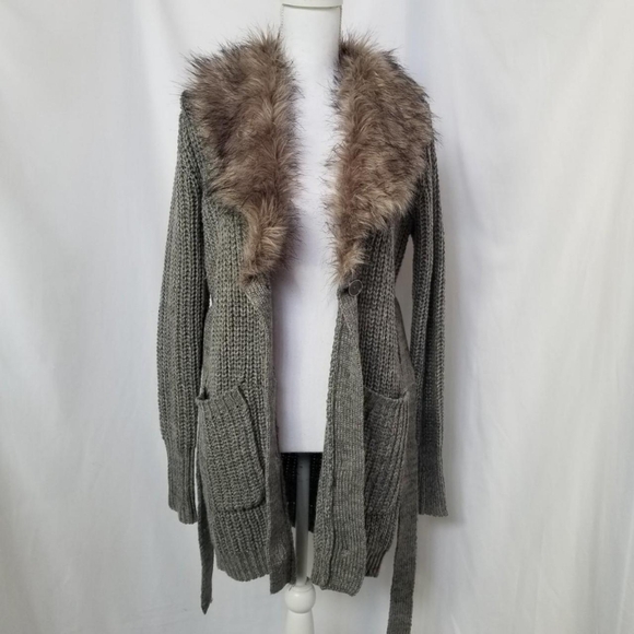 Jessica Simpson grey faux fur knit cardigan duster sweater sz Medium - Picture 5 of 6
